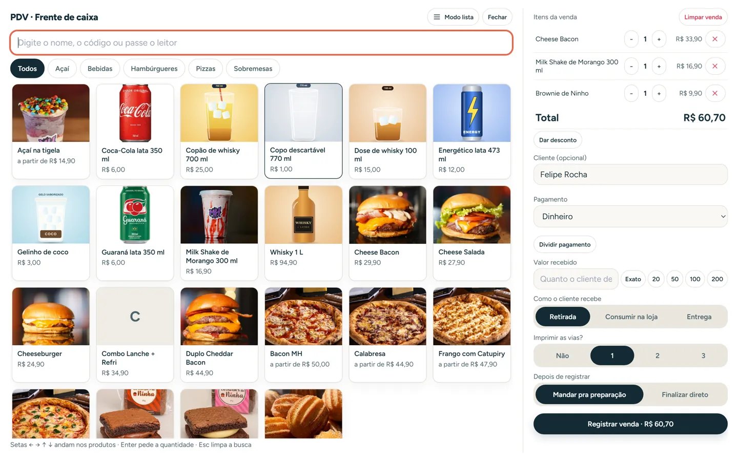 Tela Venda no balcão do painel do Sistema de Delivery