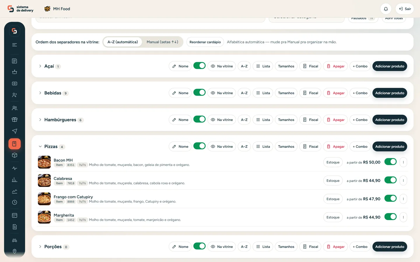 Tela Cardápio do painel do Sistema de Delivery